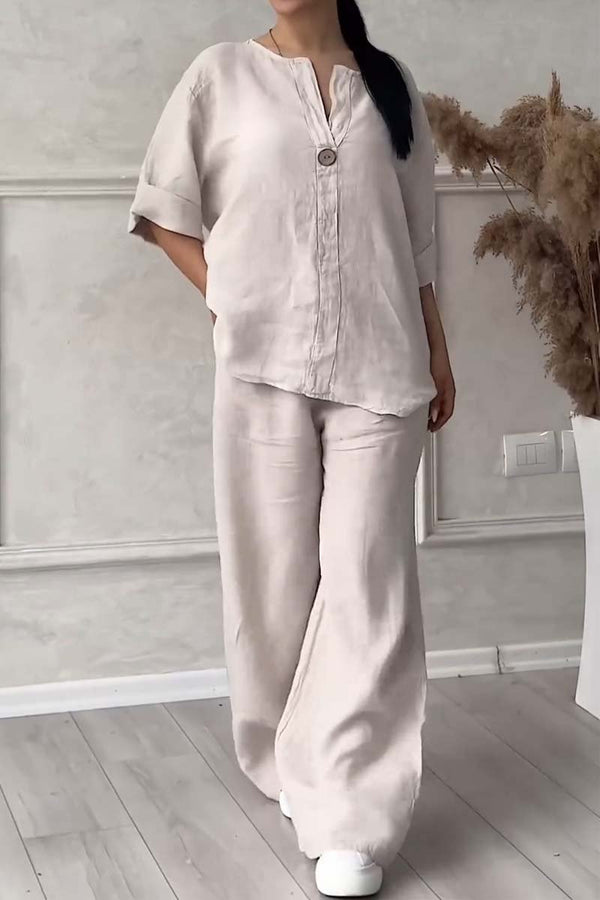 Two-Piece Cotton & Linen Set with Decorative Buttons