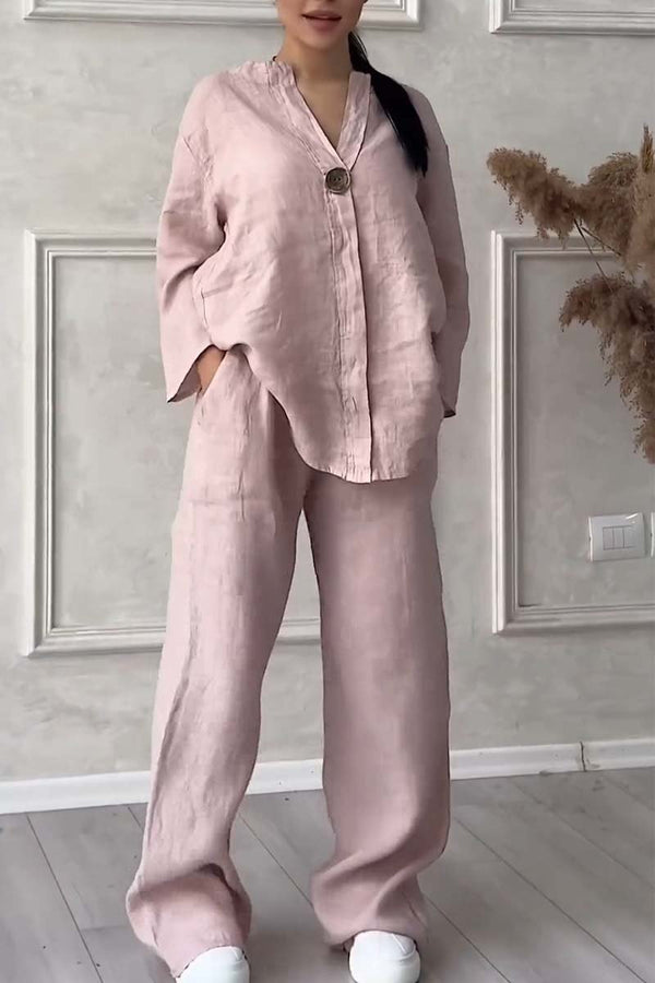 Two-Piece Cotton & Linen Set with Decorative Buttons