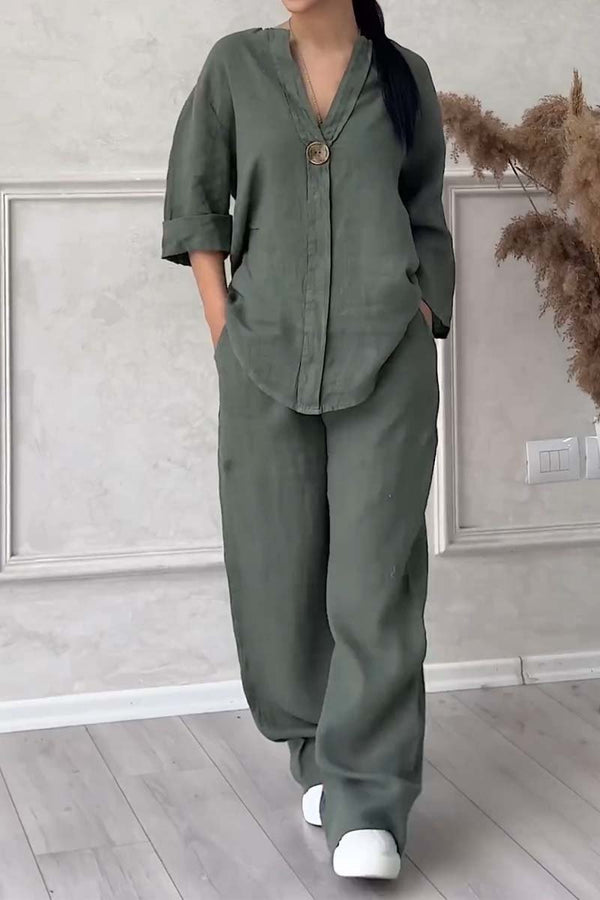 Two-Piece Cotton & Linen Set with Decorative Buttons
