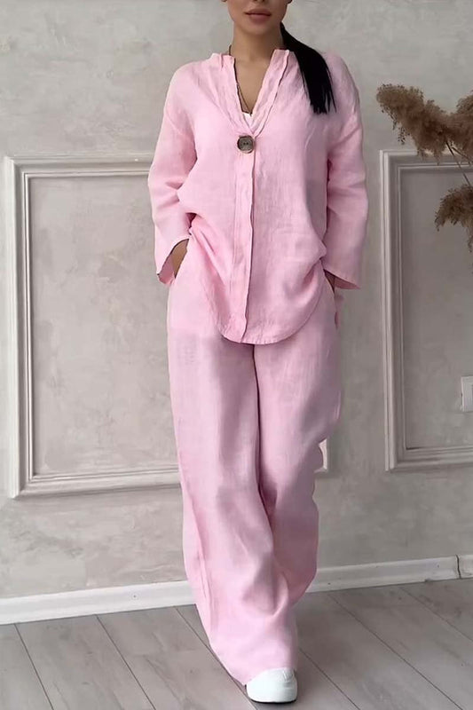 Two-Piece Cotton & Linen Set with Decorative Buttons