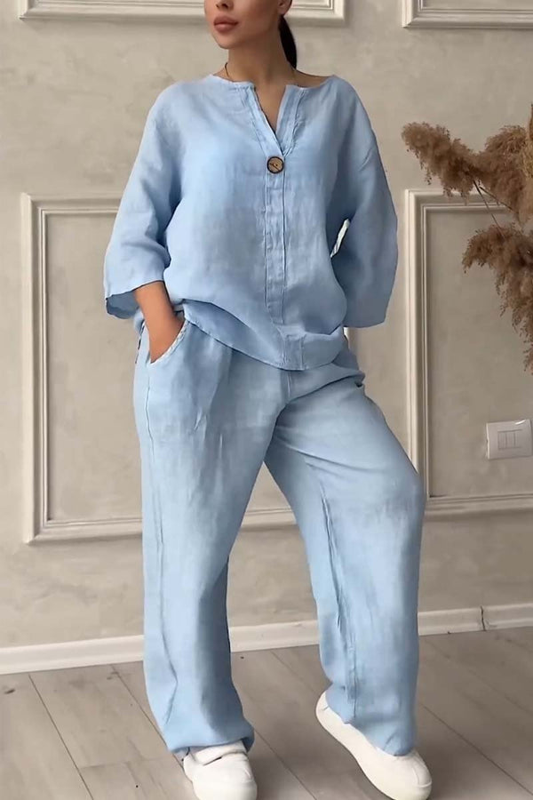 Two-Piece Cotton & Linen Set with Decorative Buttons